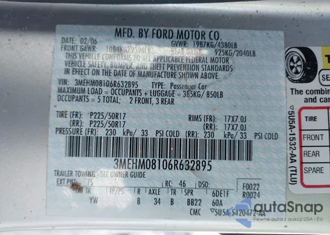 2006 Mercury Milan V6 Premier from USA, damaged, VIN 3MEHM08106R632895